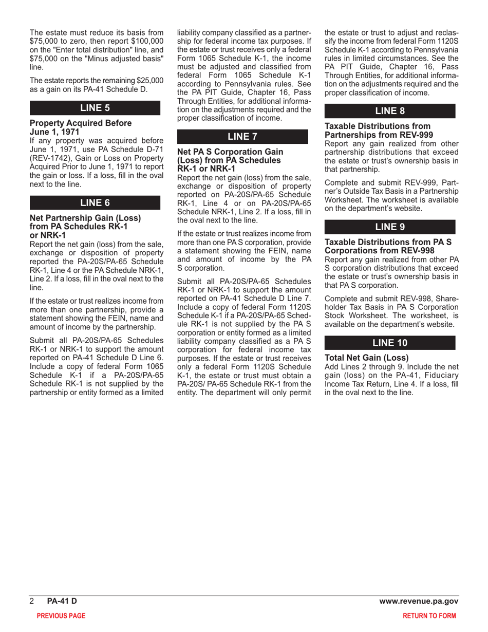 Form PA-41 Schedule D Sale, Exchange or Disposition of Property - Pennsylvania, Page 4