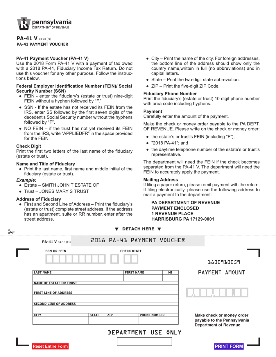 Form PA-41 V - 2018 - Fill Out, Sign Online and Download Fillable PDF ...