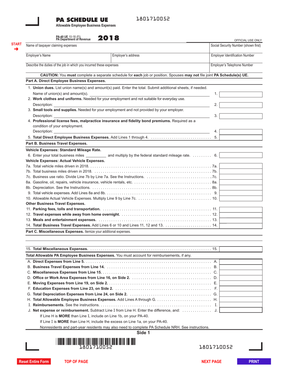 Form PA-40 Schedule UE Allowable Employee Business Expenses - Pennsylvania, Page 1