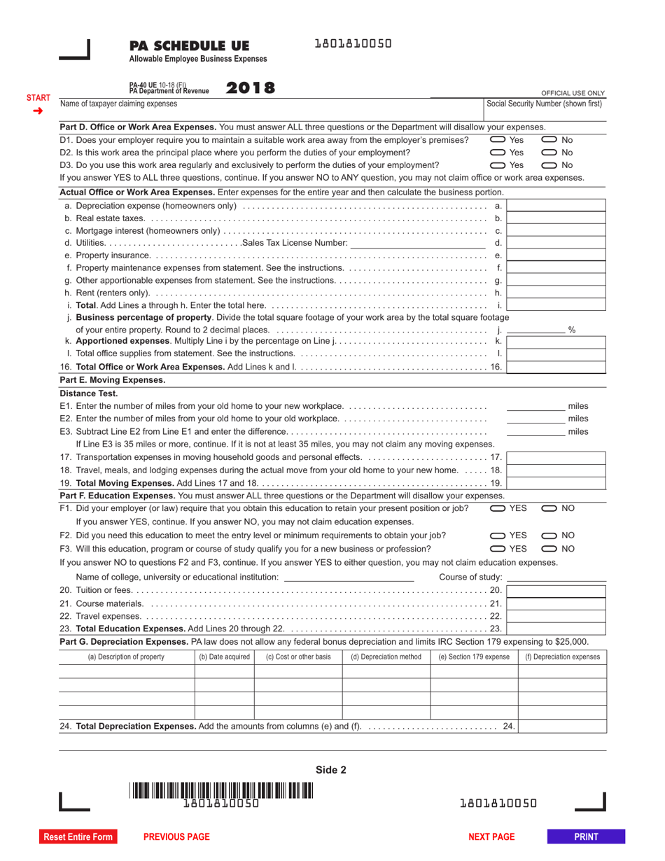 Form PA-40 Schedule UE Allowable Employee Business Expenses - Pennsylvania, Page 2