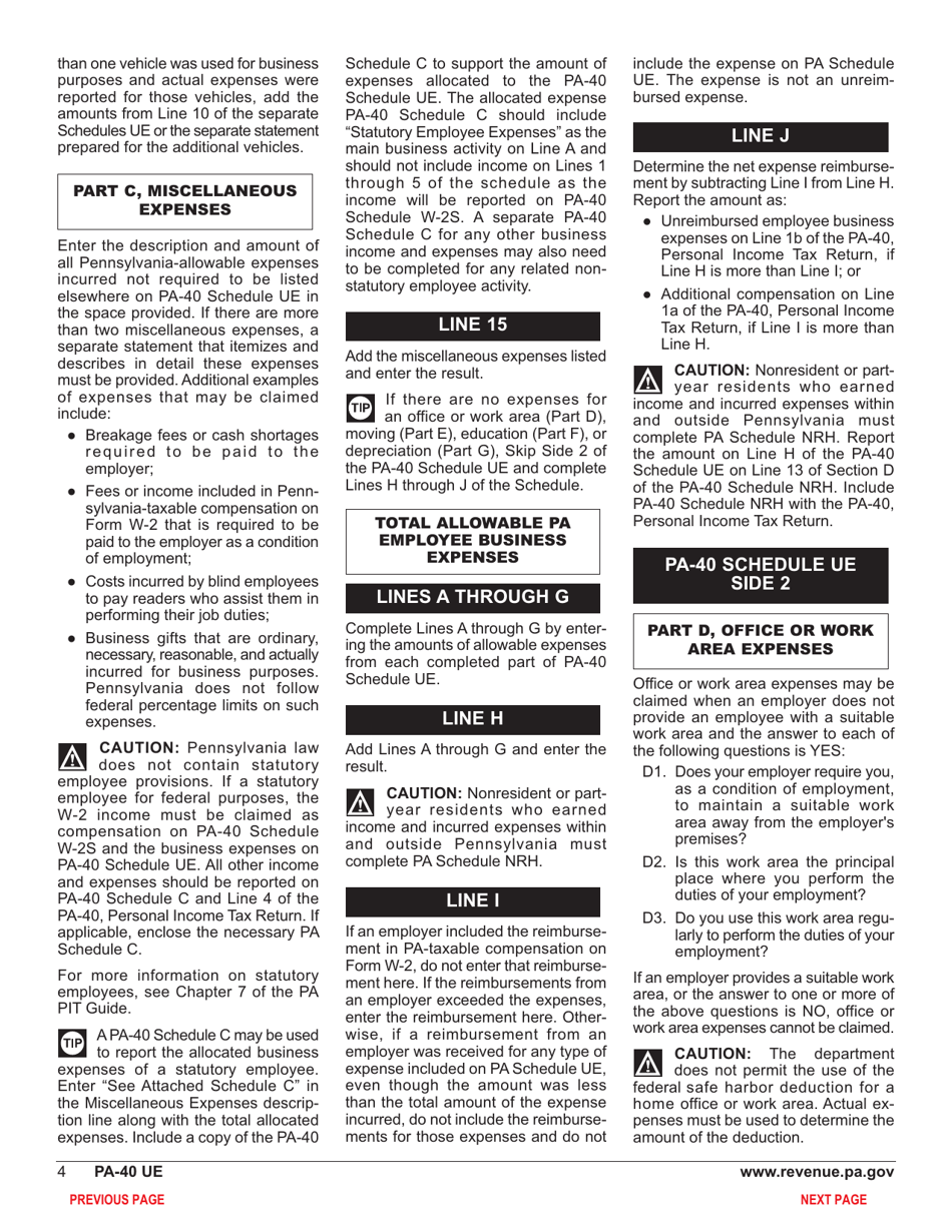 Form PA-40 Schedule UE Allowable Employee Business Expenses - Pennsylvania, Page 6