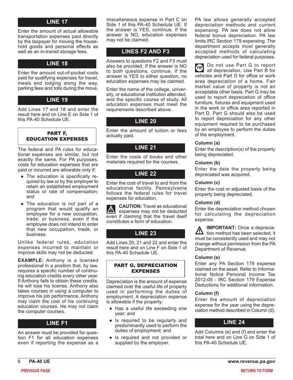 Form PA-40 Schedule UE Allowable Employee Business Expenses - Pennsylvania, Page 8