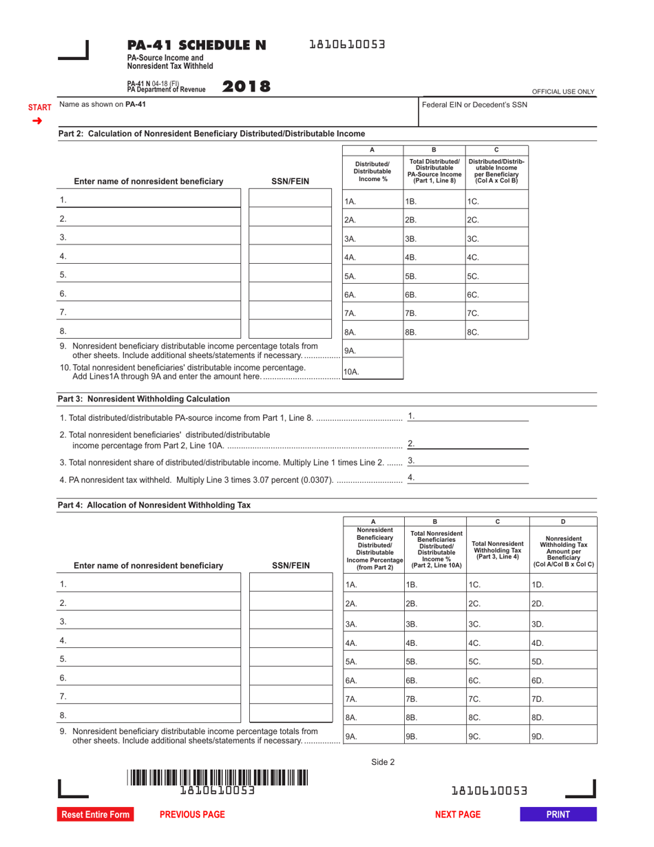 Form PA-41 Schedule N Source Income and Nonresident Tax Withheld - Pennsylvania, Page 2