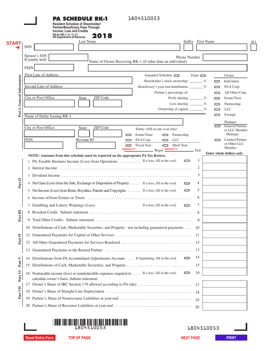 Form PA-41 Schedule RK-1 Resident Schedule of Shareholder / Partner / Beneficiary Pass Through Income, Loss and Credits - Pennsylvania, Page 1