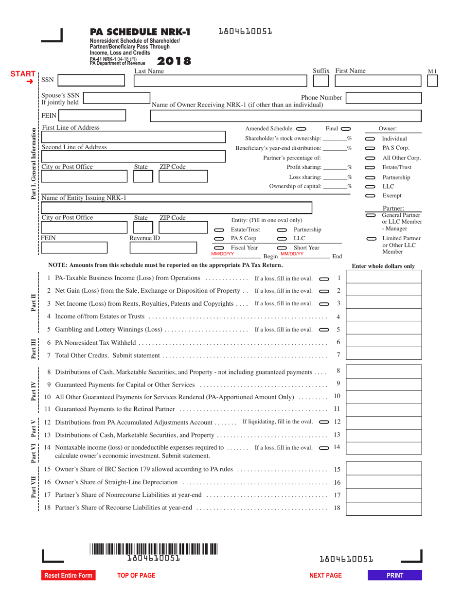 Form PA-41 Schedule NRK-1 - 2018 - Fill Out, Sign Online and Download ...