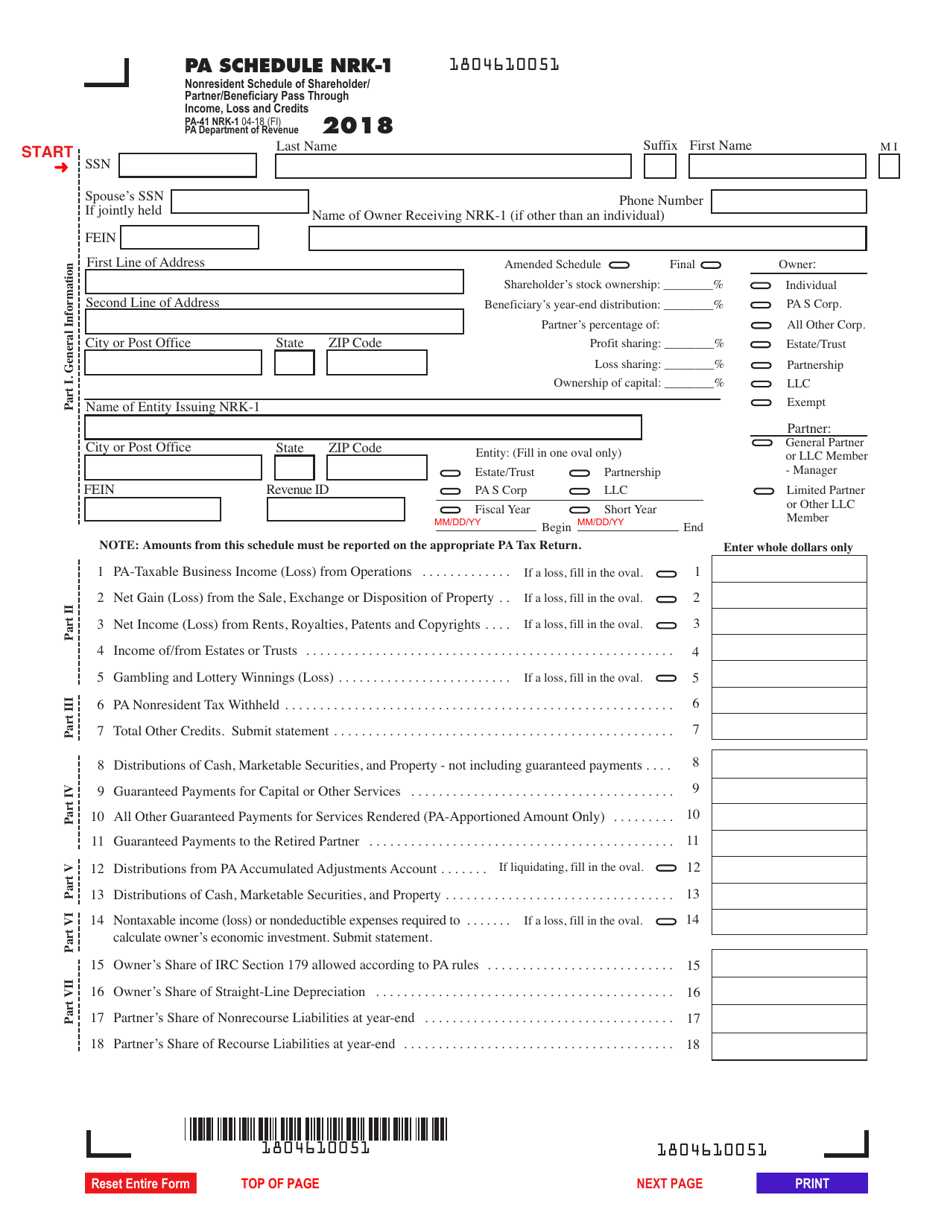 Form PA-41 Schedule NRK-1 Nonresident Schedule of Shareholder / Partner / Beneficiary Pass Through Income, Loss and Credits - Pennsylvania, Page 1