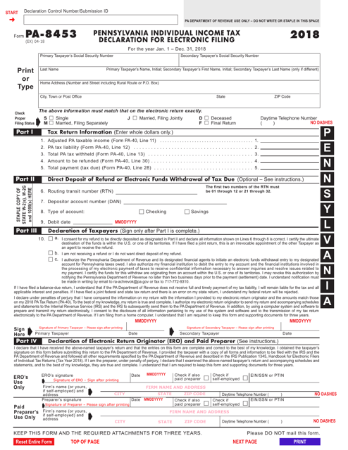 Form Pa 8453 2018 Fill Out Sign Online And Download Fillable Pdf Pennsylvania Templateroller