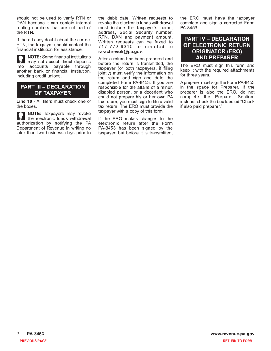 Form PA-8453 Pennsylvania Individual Income Tax Declaration for Electronic Filing - Pennsylvania, Page 4