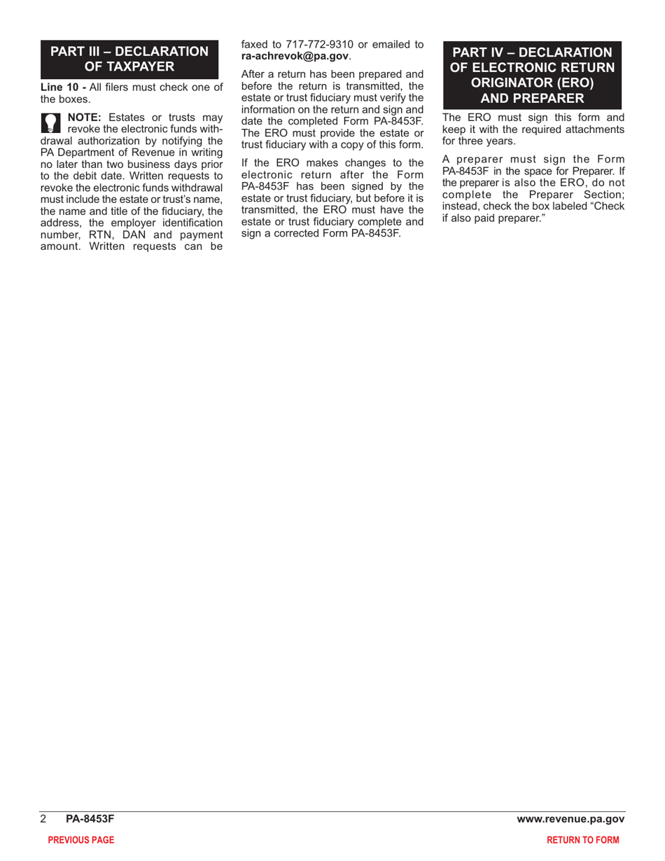 Form PA-8453F Pennsylvania Fiduciary Income Tax Declaration for Electronic Filing - Pennsylvania, Page 4