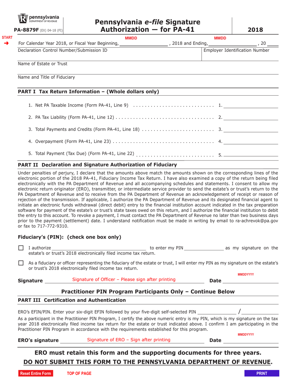 Form PA-8879F Pennsylvania E-File Signature Authorization  for Pa-41 - Pennsylvania, Page 1