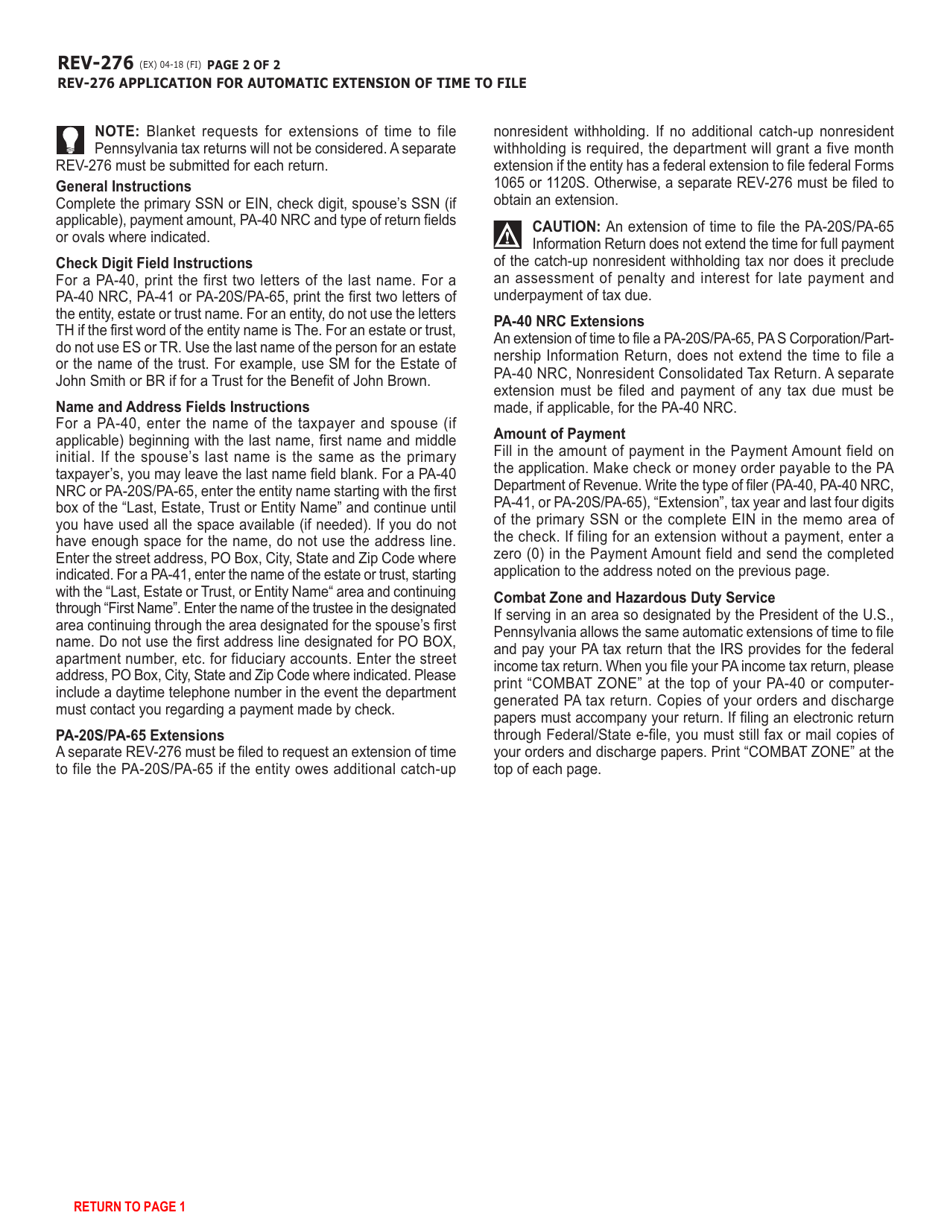 Form REV-276 Application for Automatic Extension of Time to File - Pennsylvania, Page 2