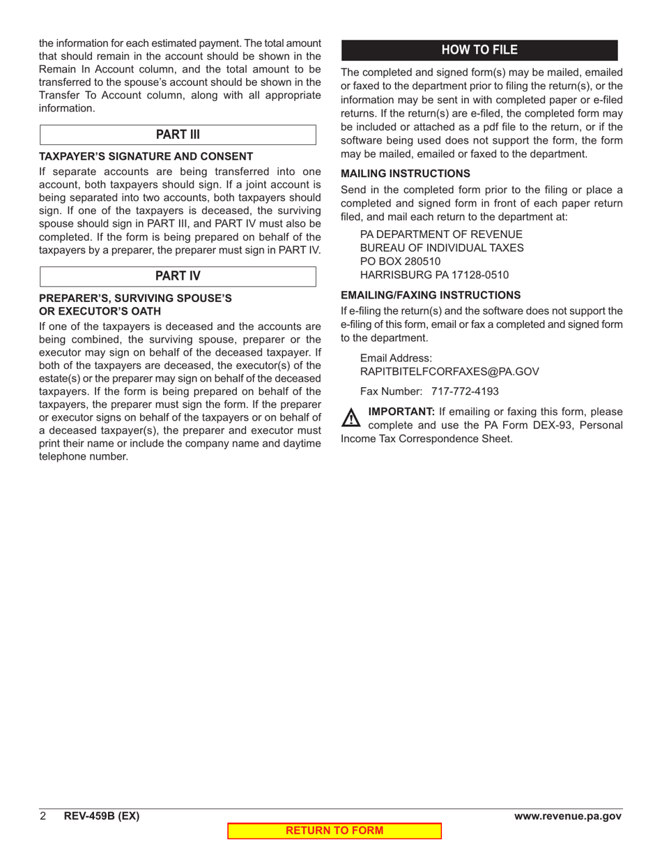 Form REV-459B Consent to Transfer, Adjust or Correct Pa Estimated Personal Income Tax Account - Pennsylvania, Page 4
