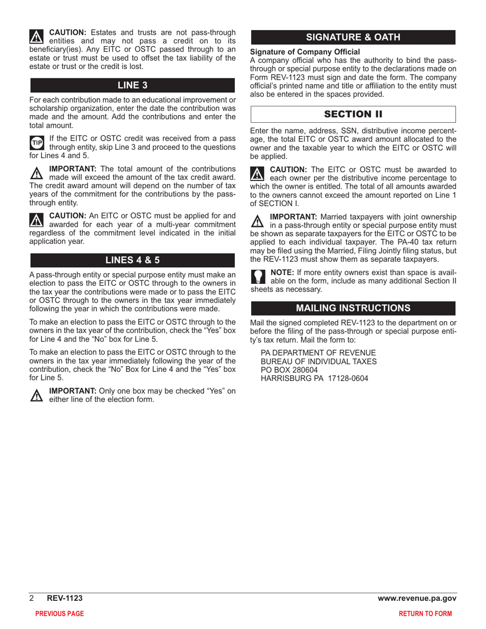 Form REV-1123 Educational Improvement / Opportunity Scholarship Tax Credit Election Form - Pennsylvania, Page 4
