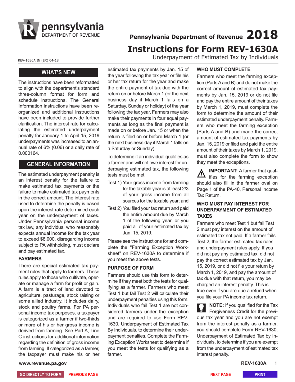 Form REV-1630A Underpayment of Estimated Tax by Individual Farmers - Pennsylvania, Page 2