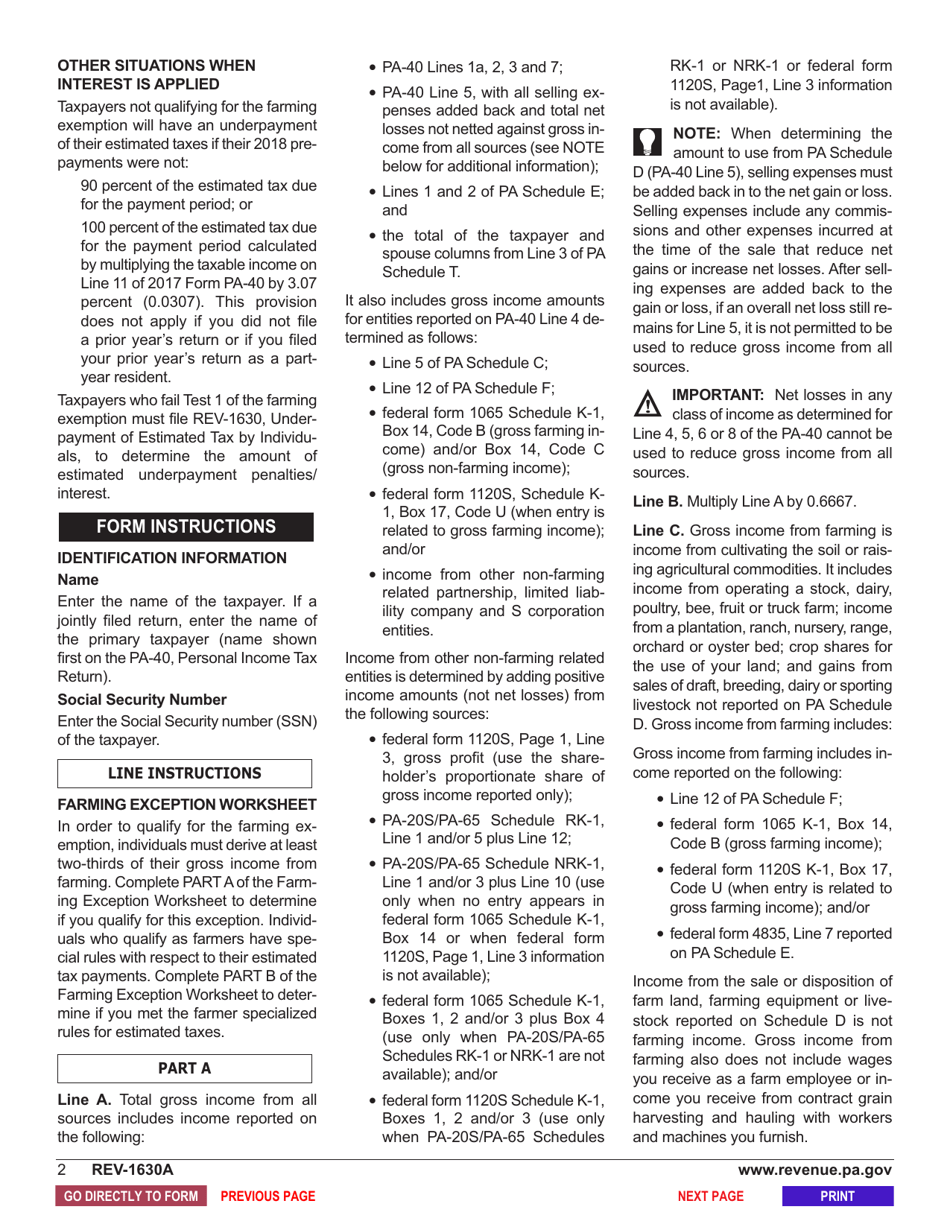 Form REV-1630A Underpayment of Estimated Tax by Individual Farmers - Pennsylvania, Page 3
