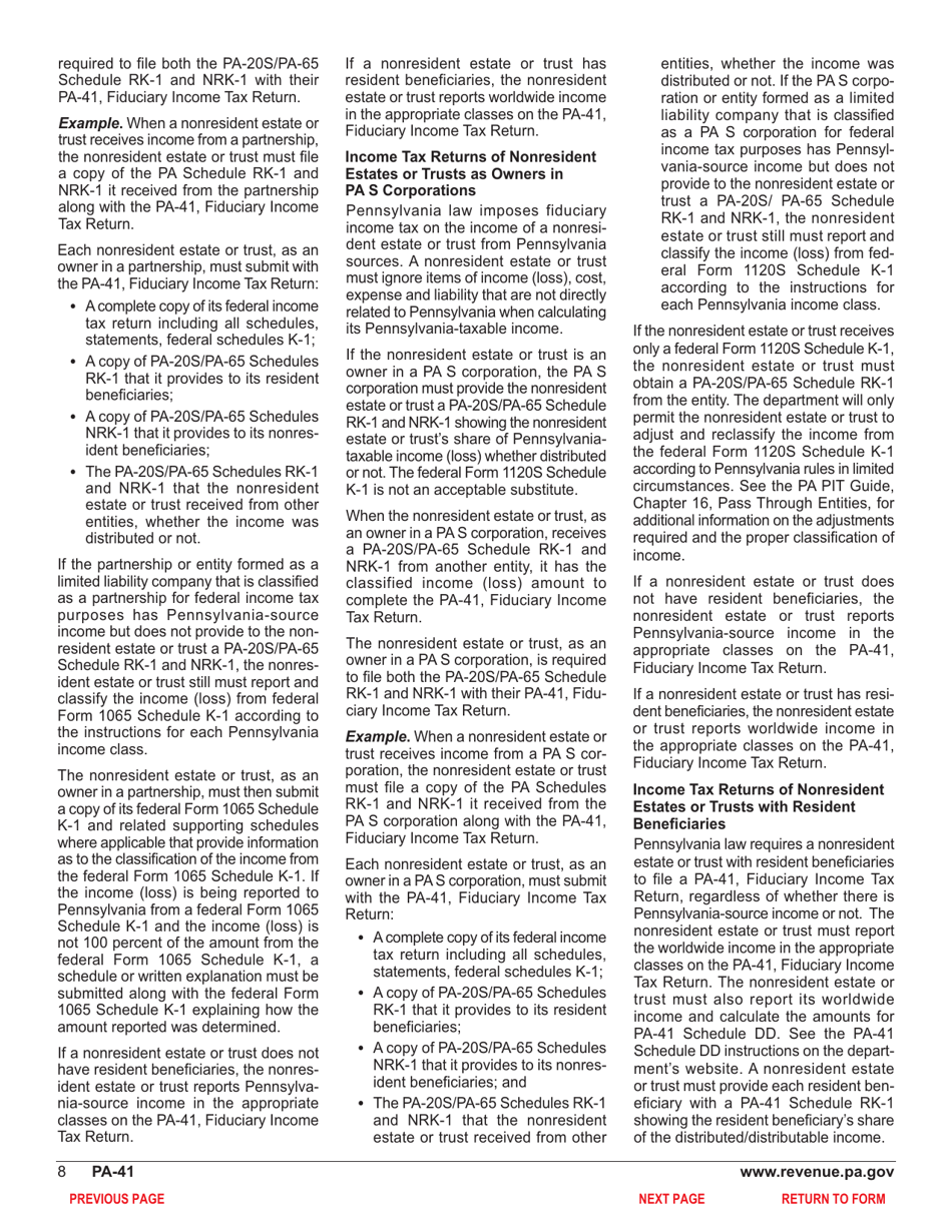 Form PA-41 Pa Fiduciary Income Tax Return - Pennsylvania, Page 10