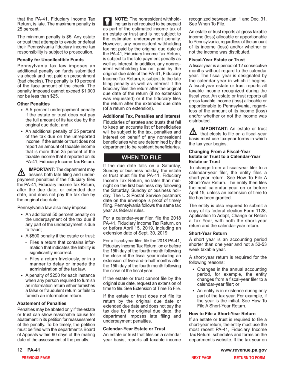 Form PA-41 Pa Fiduciary Income Tax Return - Pennsylvania, Page 14