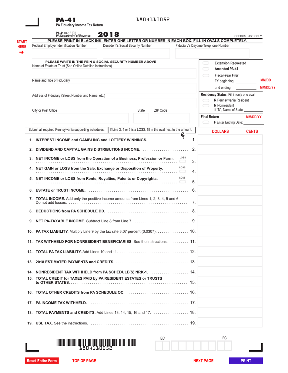 Form PA-41 Pa Fiduciary Income Tax Return - Pennsylvania, Page 1