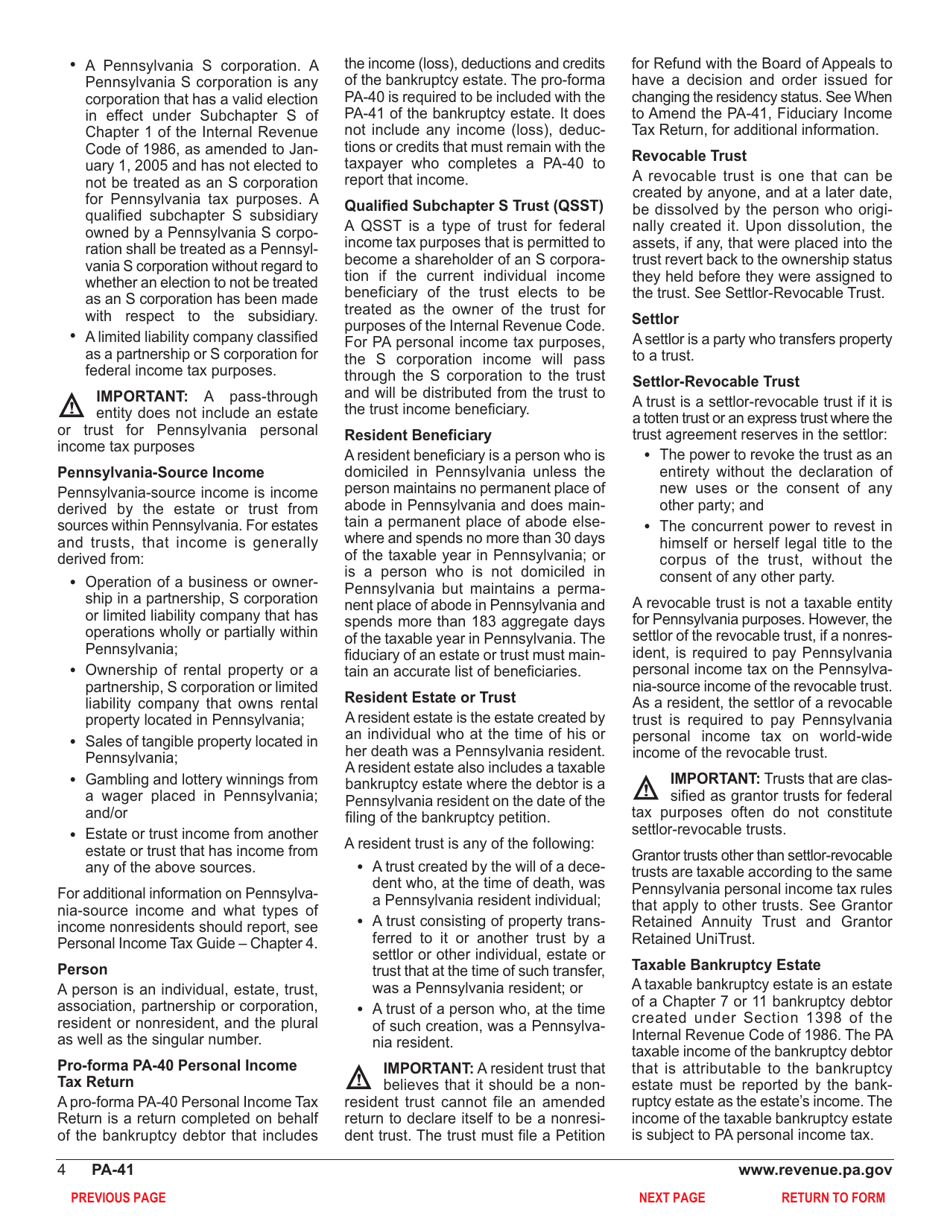 Form PA-41 Pa Fiduciary Income Tax Return - Pennsylvania, Page 6
