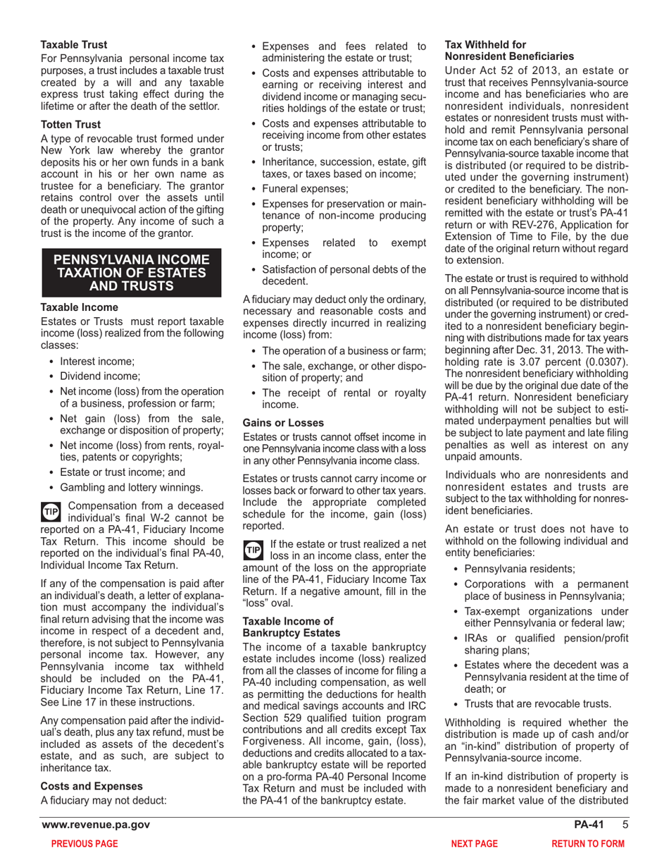Form PA-41 Pa Fiduciary Income Tax Return - Pennsylvania, Page 7