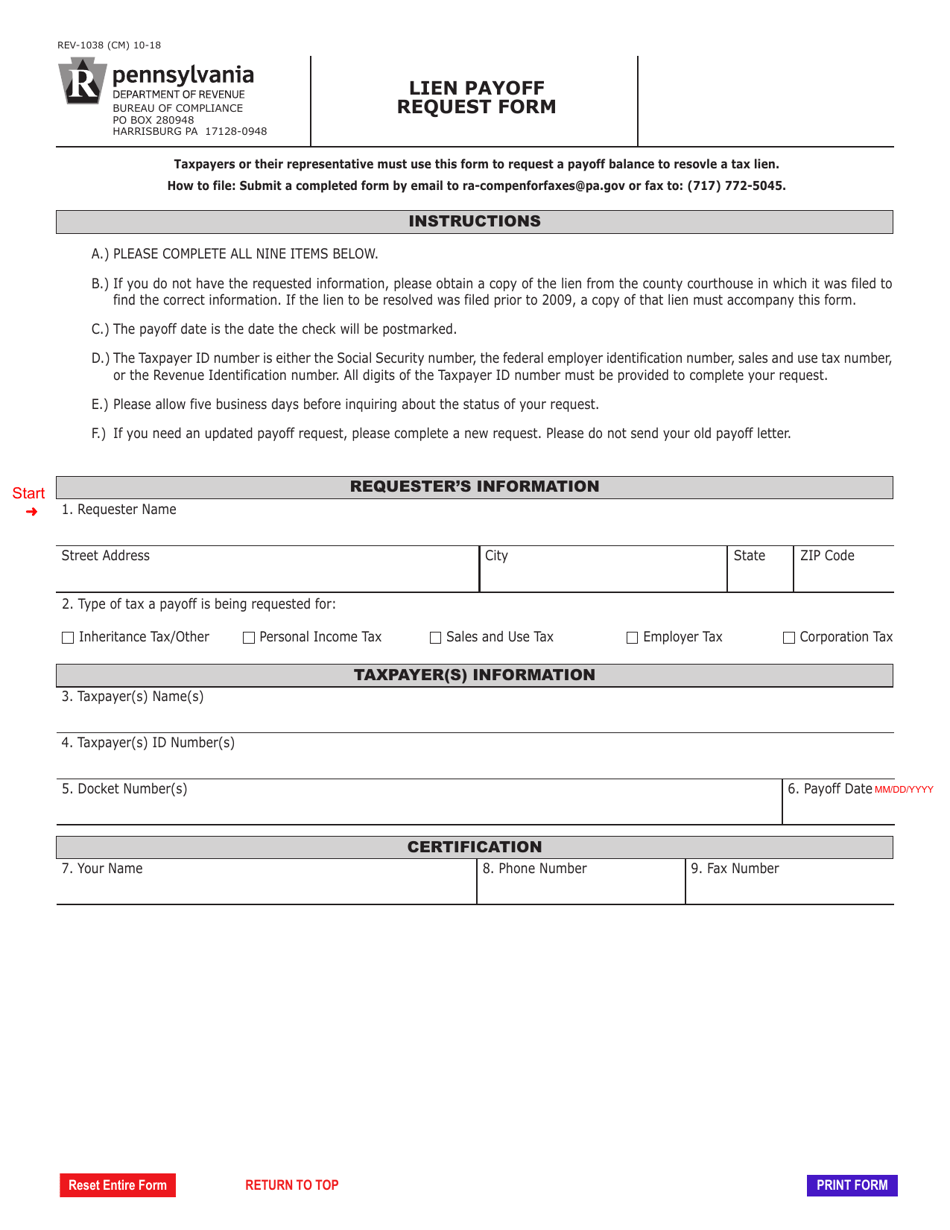 Form REV-1038 Lien Payoff Request Form - Pennsylvania, Page 1
