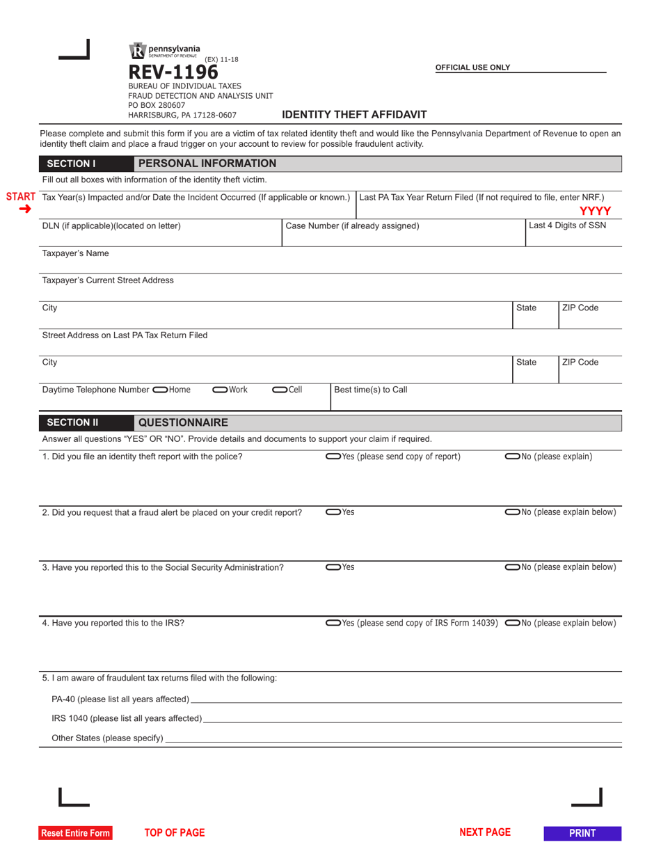 Form Rev 1196 Download Fillable Pdf Or Fill Online Identity Theft Affidavit Pennsylvania 5417