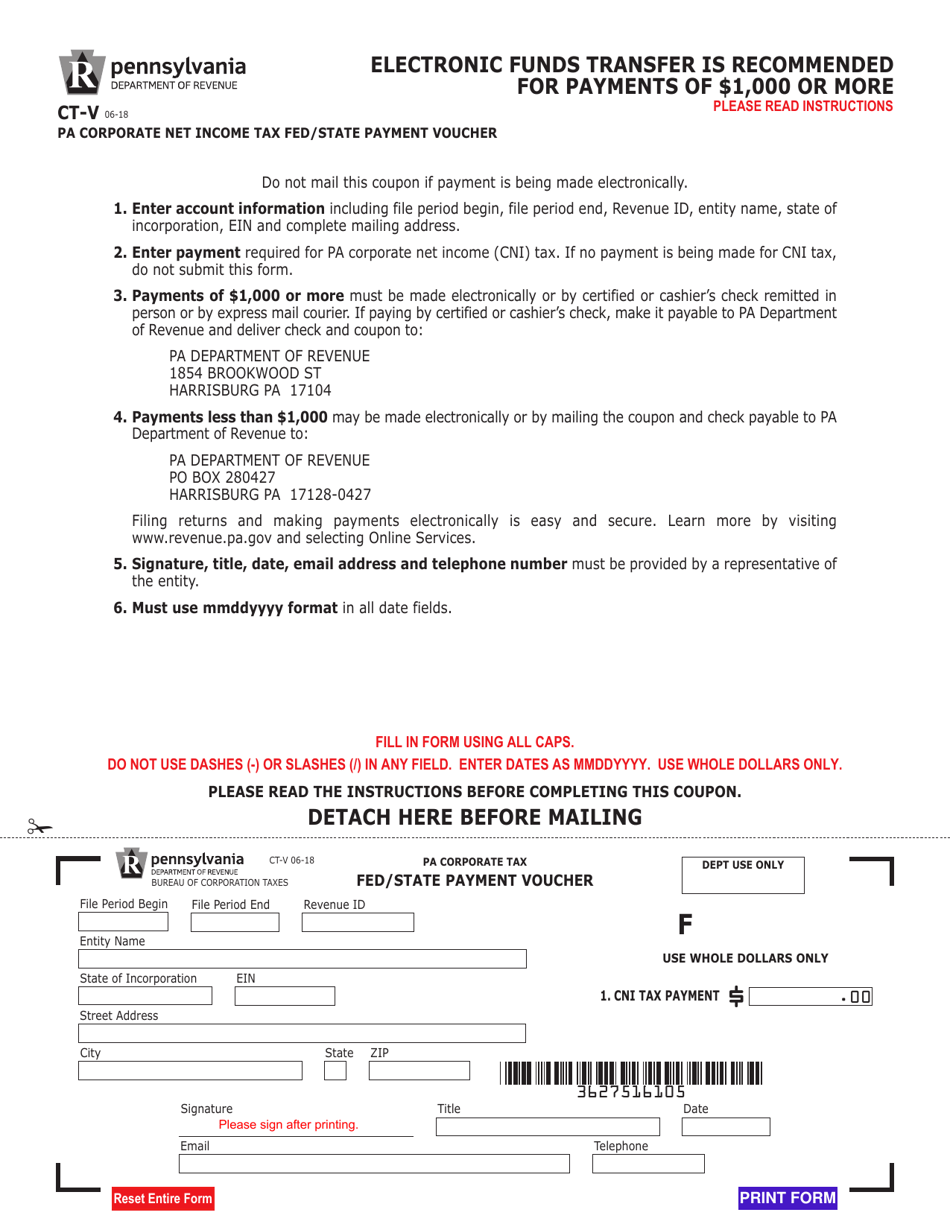 Form CT-V Corporate Net Income Tax Fed / State Payment Voucher - Pennsylvania, Page 1