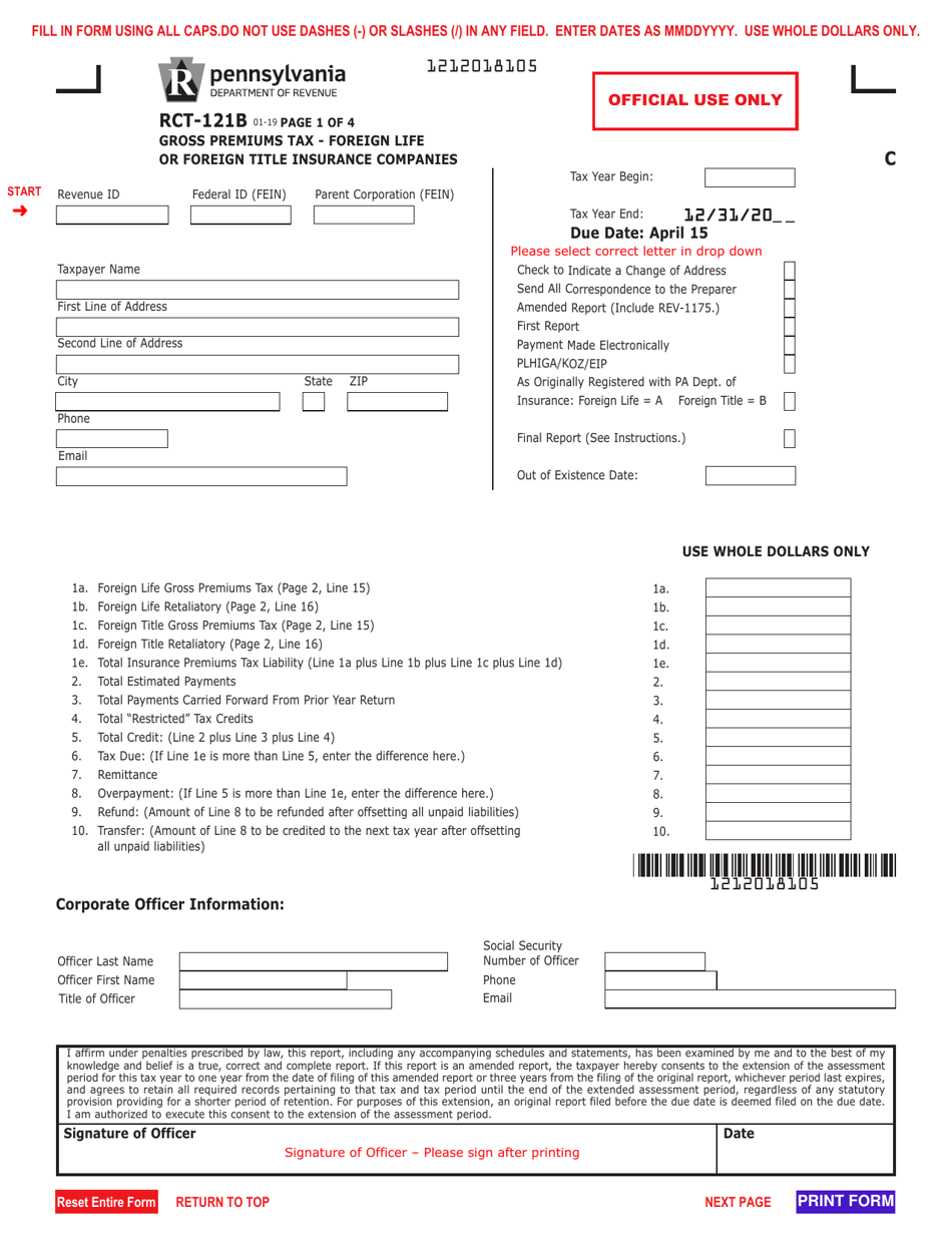 Form RCT-121B Gross Premiums Tax - Foreign Life or Foreign Title Insurance Companies - Pennsylvania, Page 1