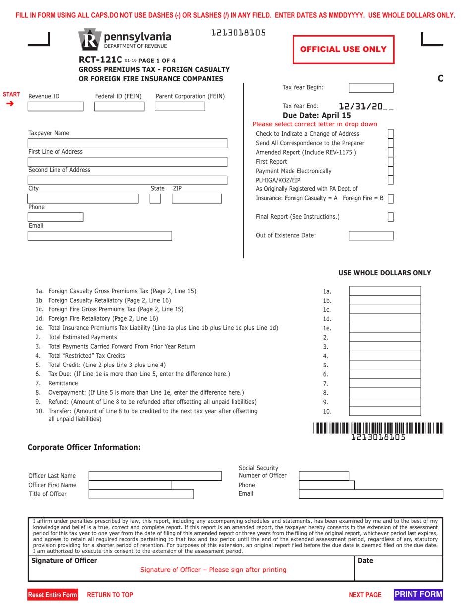 Form RCT-121C Gross Premiums Tax - Foreign Casualty or Foreign Fire Insurance Companies - Pennsylvania, Page 1