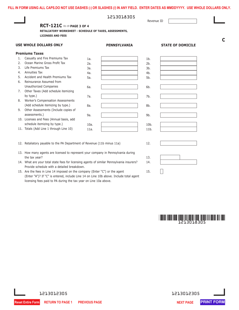Form RCT-121C Gross Premiums Tax - Foreign Casualty or Foreign Fire Insurance Companies - Pennsylvania, Page 3