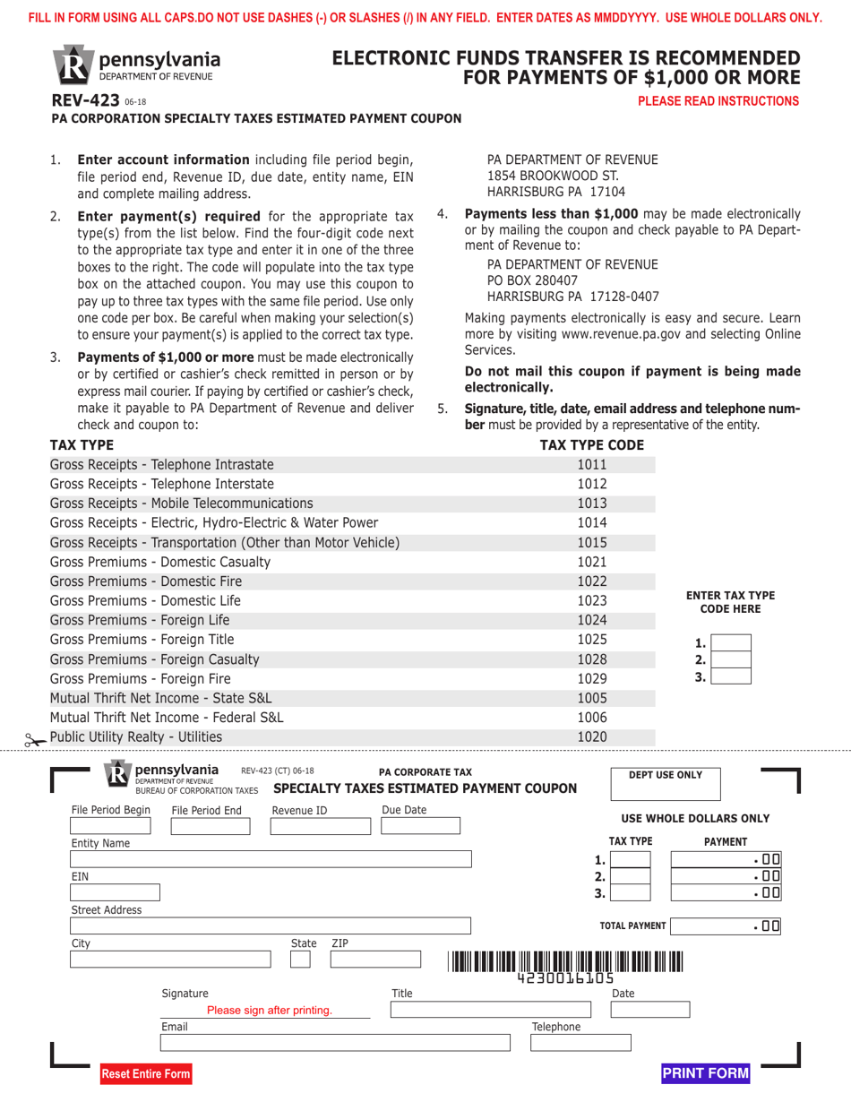 Form REV-423 Pa Corporation Specialty Taxes Estimated Payment Coupon - Pennsylvania, Page 1