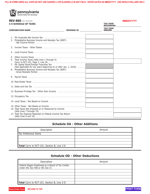 Form REV-860 C-5 Schedule of Taxes - Pennsylvania