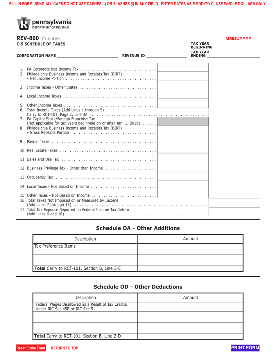 Form REV-860 C-5 Schedule of Taxes - Pennsylvania, Page 1