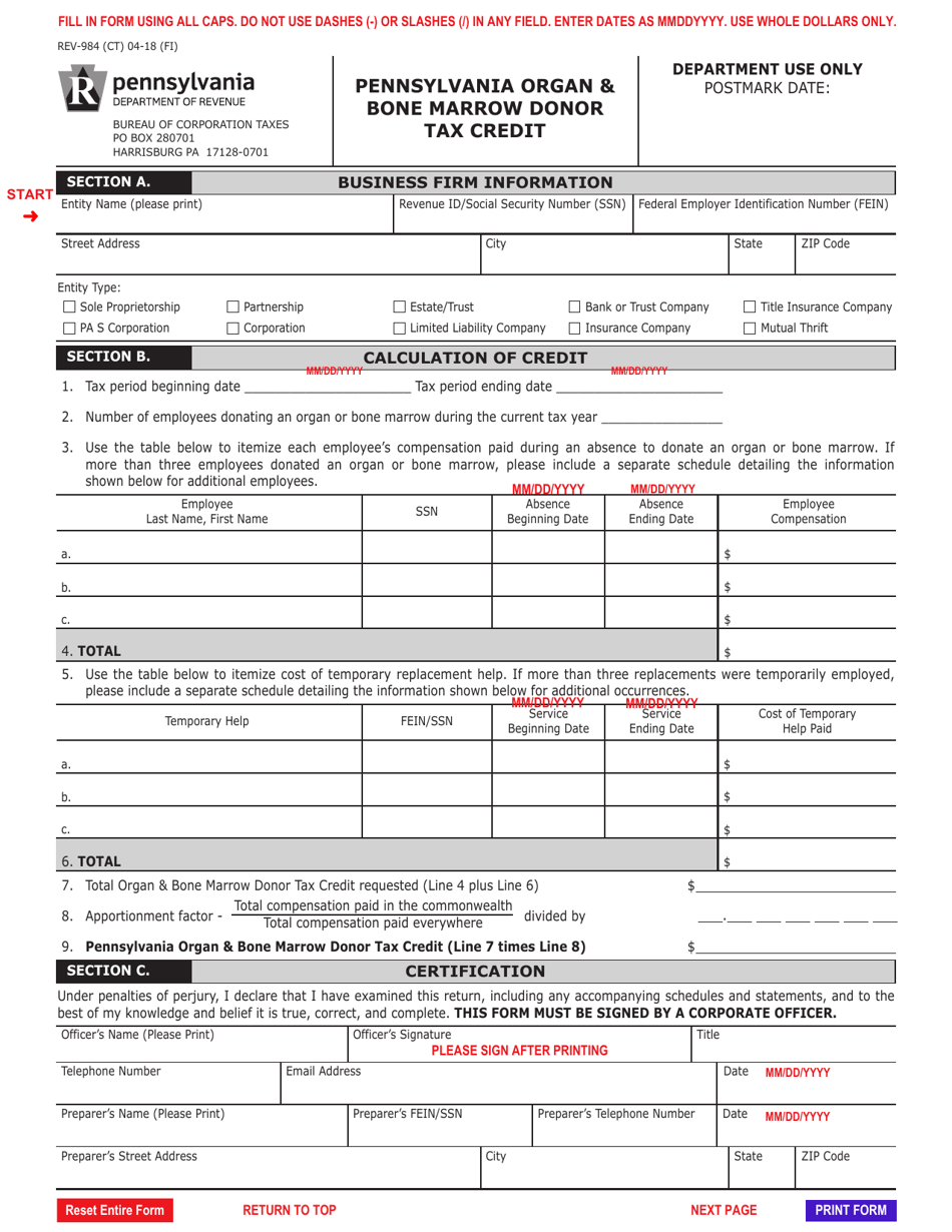 Form REV-984 Pennsylvania Organ  Bone Marrow Donor Tax Credit - Pennsylvania, Page 1