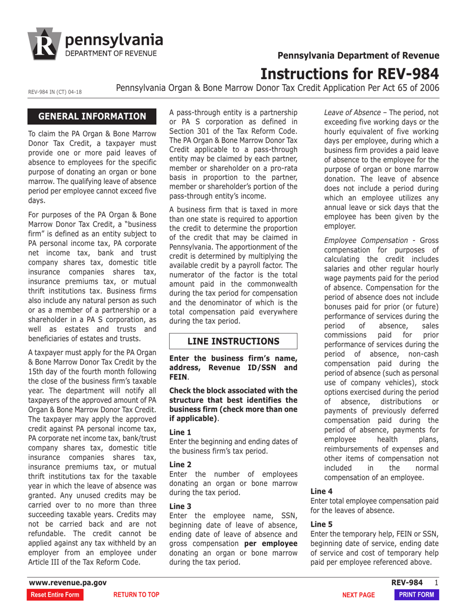 Form REV-984 Pennsylvania Organ  Bone Marrow Donor Tax Credit - Pennsylvania, Page 2