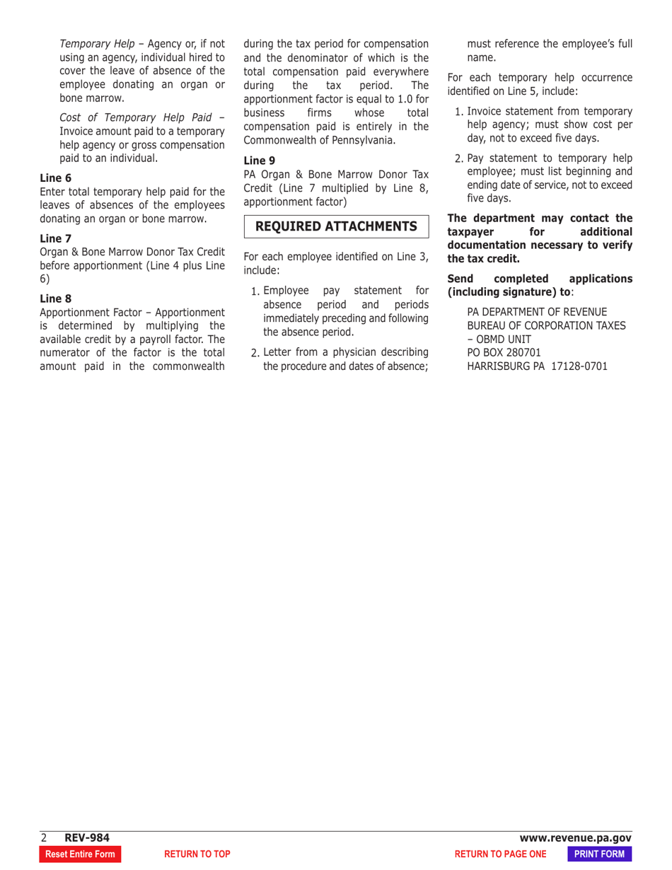 Form REV-984 Pennsylvania Organ  Bone Marrow Donor Tax Credit - Pennsylvania, Page 3
