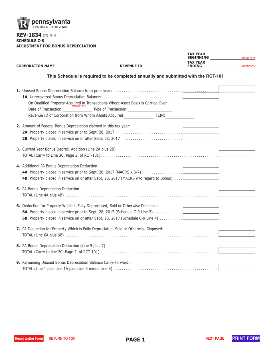 Form REV-1834 Schedule C-8 Adjustment for Bonus Depreciation - Pennsylvania, Page 1