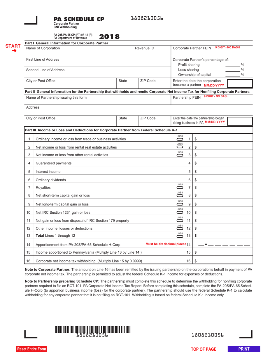 Form PA-20S (PA-65 CP) Schedule CP Corporate Partner Cni Withholding - Pennsylvania, Page 1