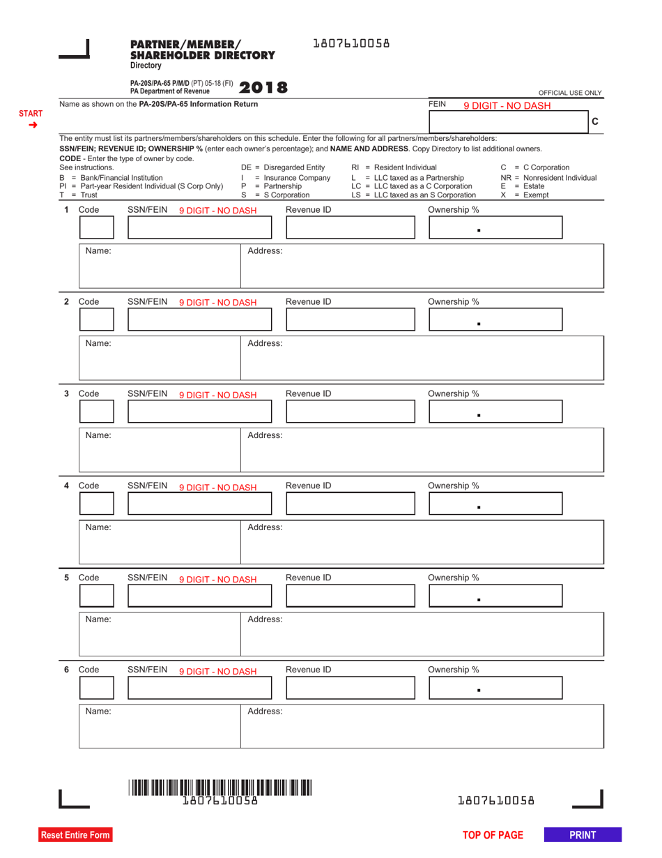 Form PA-20S (PA-65 P / M / D) Partner / Member / Shareholder Directory - Pennsylvania, Page 1