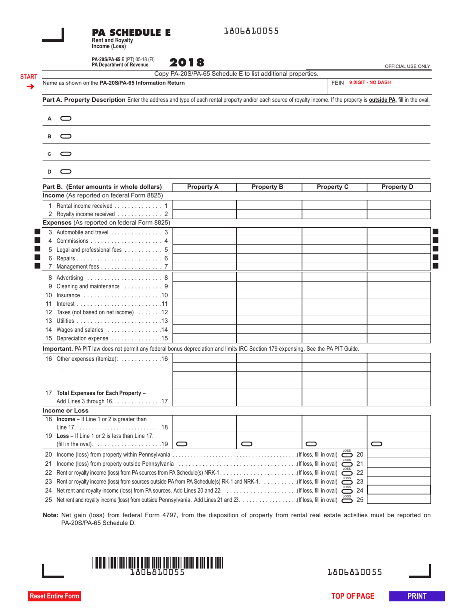 Form PA-20S (PA-65 E) Schedule E Rent and Royalty Income (Loss) - Pennsylvania, Page 1
