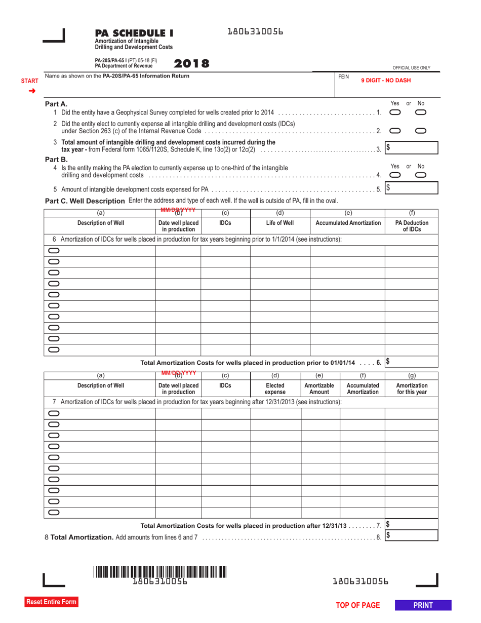 Form PA-20S (PA-65 I) Schedule I Amortization of Intangible Drilling and Development Cost - Pennsylvania, Page 1