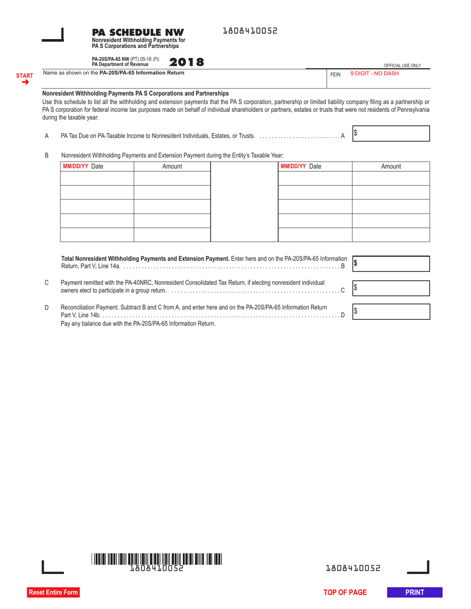 Form PA-20S (PA-65 NW) Schedule NW Nonresident Withholding Payments for Pa S Corporations and Partnerships - Pennsylvania, Page 1