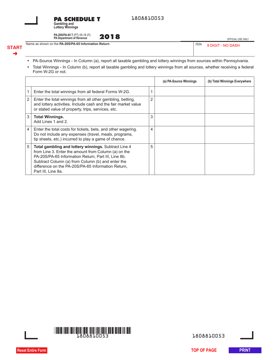 Form PA-20S (PA-65 T) Schedule T Download Fillable PDF or Fill Online Gambling and Lottery