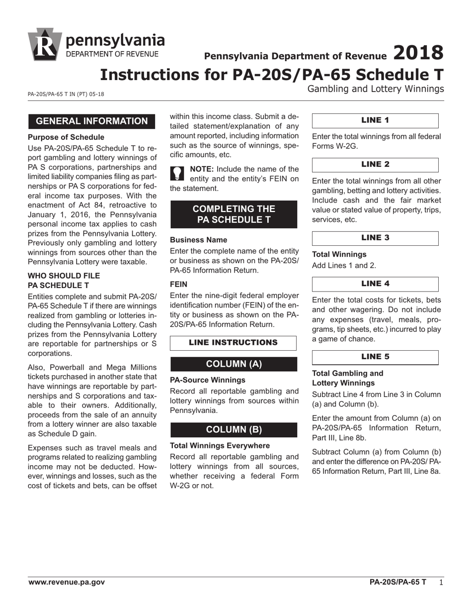 Form PA-20S (PA-65 T) Schedule T Gambling and Lottery Winnings - Pennsylvania, Page 3