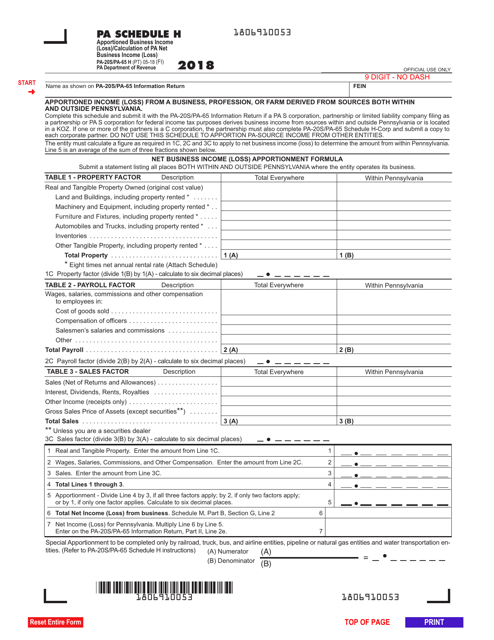 Form PA-20S (PA-65 H) Schedule H Apportioned Business Income (Loss)/Calculation of Pa Net Business Income (Loss) - Pennsylvania, 2018