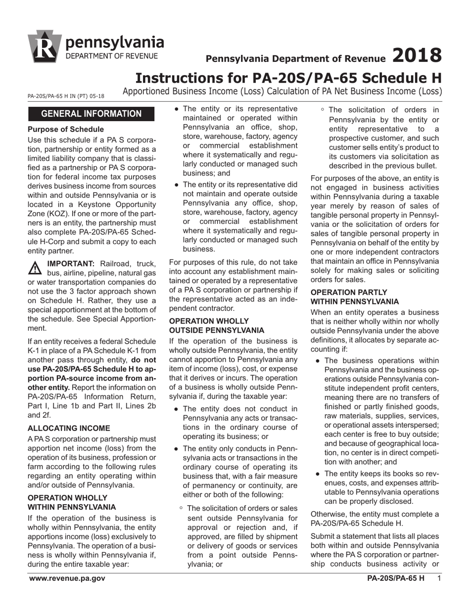 Form PA-20S (PA-65 H) Schedule H Apportioned Business Income (Loss) / Calculation of Pa Net Business Income (Loss) - Pennsylvania, Page 3