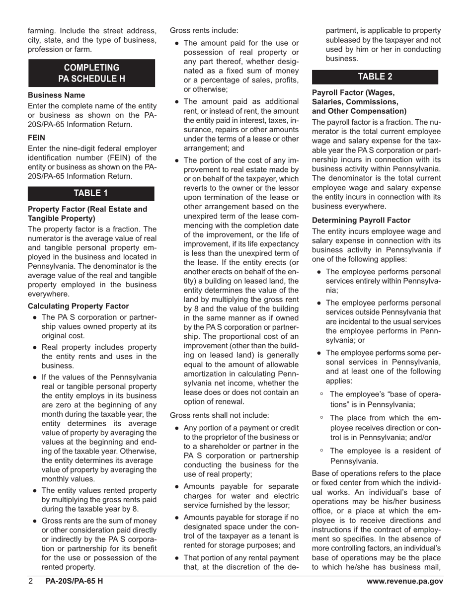 Form PA-20S (PA-65 H) Schedule H Apportioned Business Income (Loss) / Calculation of Pa Net Business Income (Loss) - Pennsylvania, Page 4