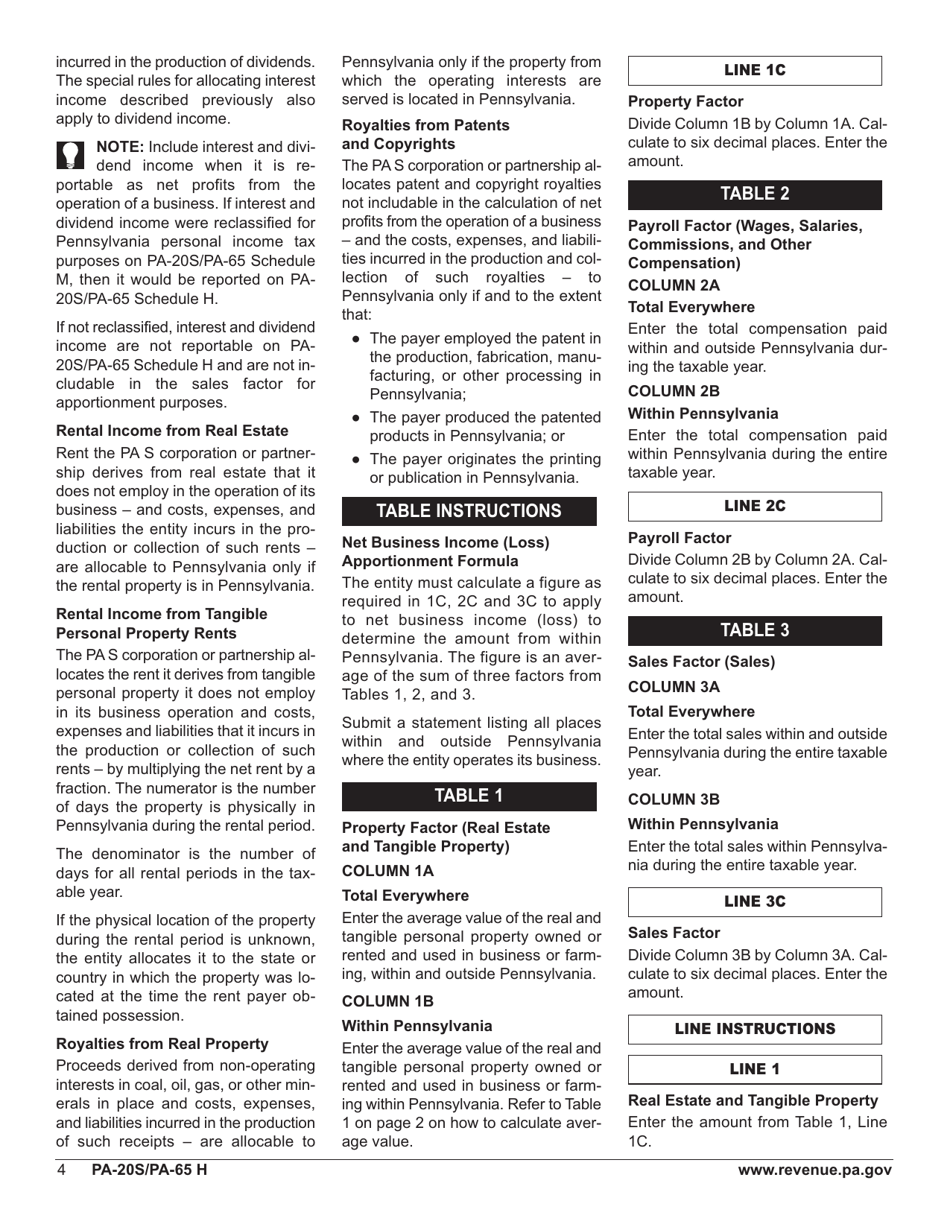 Form PA-20S (PA-65 H) Schedule H Apportioned Business Income (Loss) / Calculation of Pa Net Business Income (Loss) - Pennsylvania, Page 6