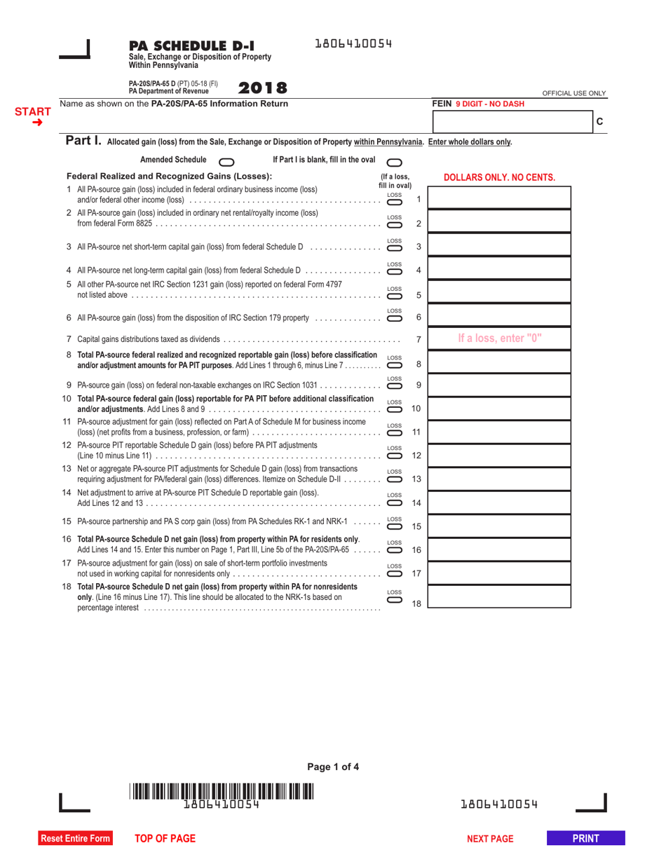 Form PA-20S (PA-65 D) Schedule D Sale, Exchange or Disposition of Property Within Pennsylvania - Pennsylvania, Page 1