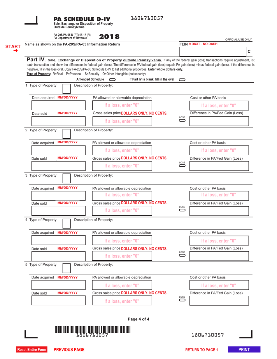 Form PA-20S (PA-65 D) Schedule D Sale, Exchange or Disposition of Property Within Pennsylvania - Pennsylvania, Page 4